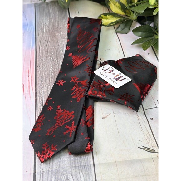 Barry Wang Other - New Barry.Wang Men’s Christmas Tie & Pocket Square Set, Black & Red, 100% Silk